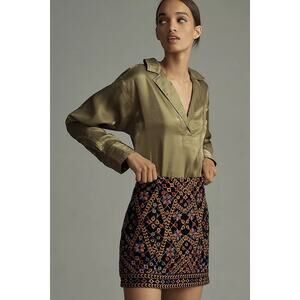 Pilcro Satin Blouse Olive Polyester Collared Pocket Shirt Lightweight Size XS